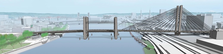 当プロジェクトの改良案には、ポートランド市とウィラメット川の航空写真と共に、東西の可動スパンの選択肢を表示。
            モルトノーマ郡は、橋のスパンのタイプについて西アプローチスパン、東アプローチスパン、中央可動スパンの選択肢を検討しています。 
            市民等の声からは、中央可動橋はバスキュール。東側の可動橋はタイドアーチとケーブル支持橋がほぼ同じ割合で支持されました。